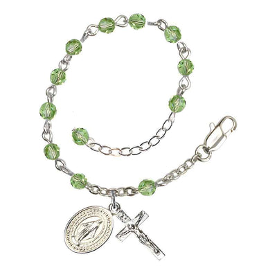 Bliss Rosary Bracelet with Silver-plated Crucifix and Miraculous Medal, Birthstone 4mm Austrian Crystal Peridot Beads for August