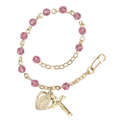 Bliss Rosary Bracelet with Gold-plated Crucifix and Heart Miraculous Medal, Birthstone 4mm Austrian Crystal Pink Rose Beads for October