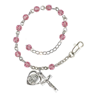 Bliss Rosary Bracelet with Silver-plated Crucifix and Heart Miraculous Medal, Birthstone 4mm Austrian Crystal Pink Rose Beads for October