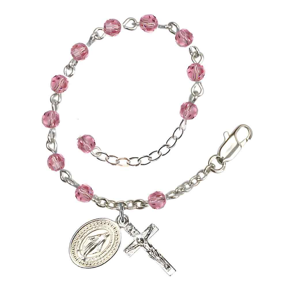 Bliss Rosary Bracelet with Silver-plated Crucifix and Miraculous Medal, Birthstone 4mm Austrian Crystal Pink Rose Beads for October