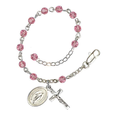 Bliss Rosary Bracelet with Silver-plated Crucifix and Miraculous Medal, Birthstone 4mm Austrian Crystal Pink Rose Beads for October