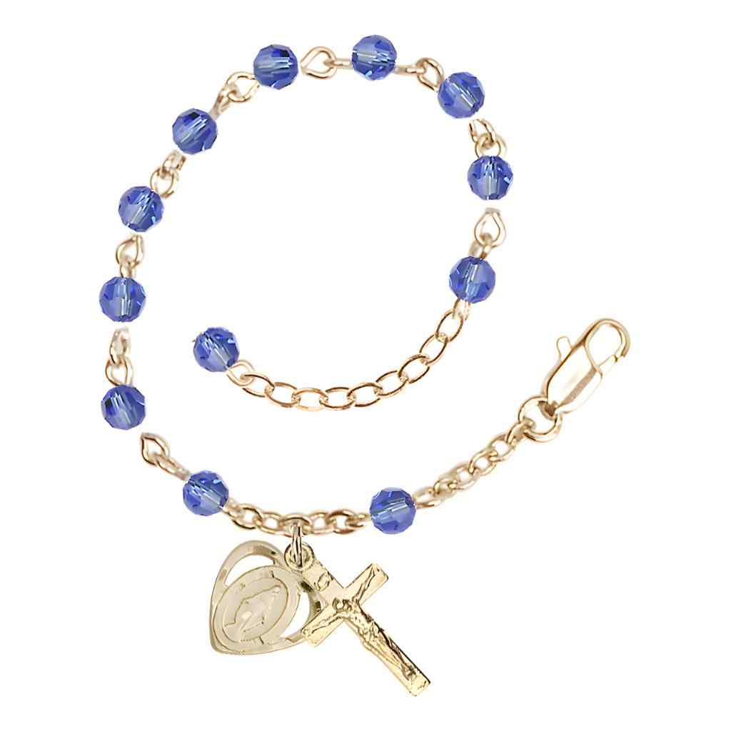 Bliss Rosary Bracelet with Gold-plated Crucifix and Heart Miraculous Medal, Birthstone 4mm Austrian Crystal Sapphire Beads for September