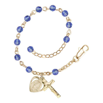 Bliss Rosary Bracelet with Gold-plated Crucifix and Heart Miraculous Medal, Birthstone 4mm Austrian Crystal Sapphire Beads for September