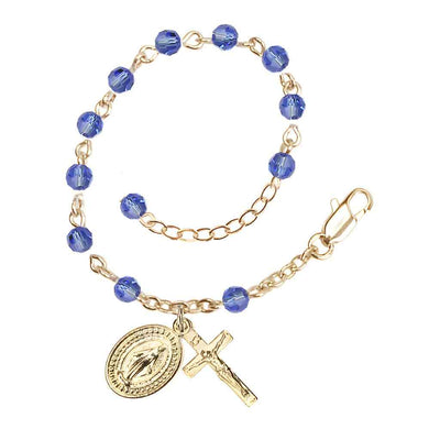 Bliss Rosary Bracelet with Gold-plated Crucifix and Miraculous Medal, Birthstone 4mm Austrian Crystal Sapphire Beads for September