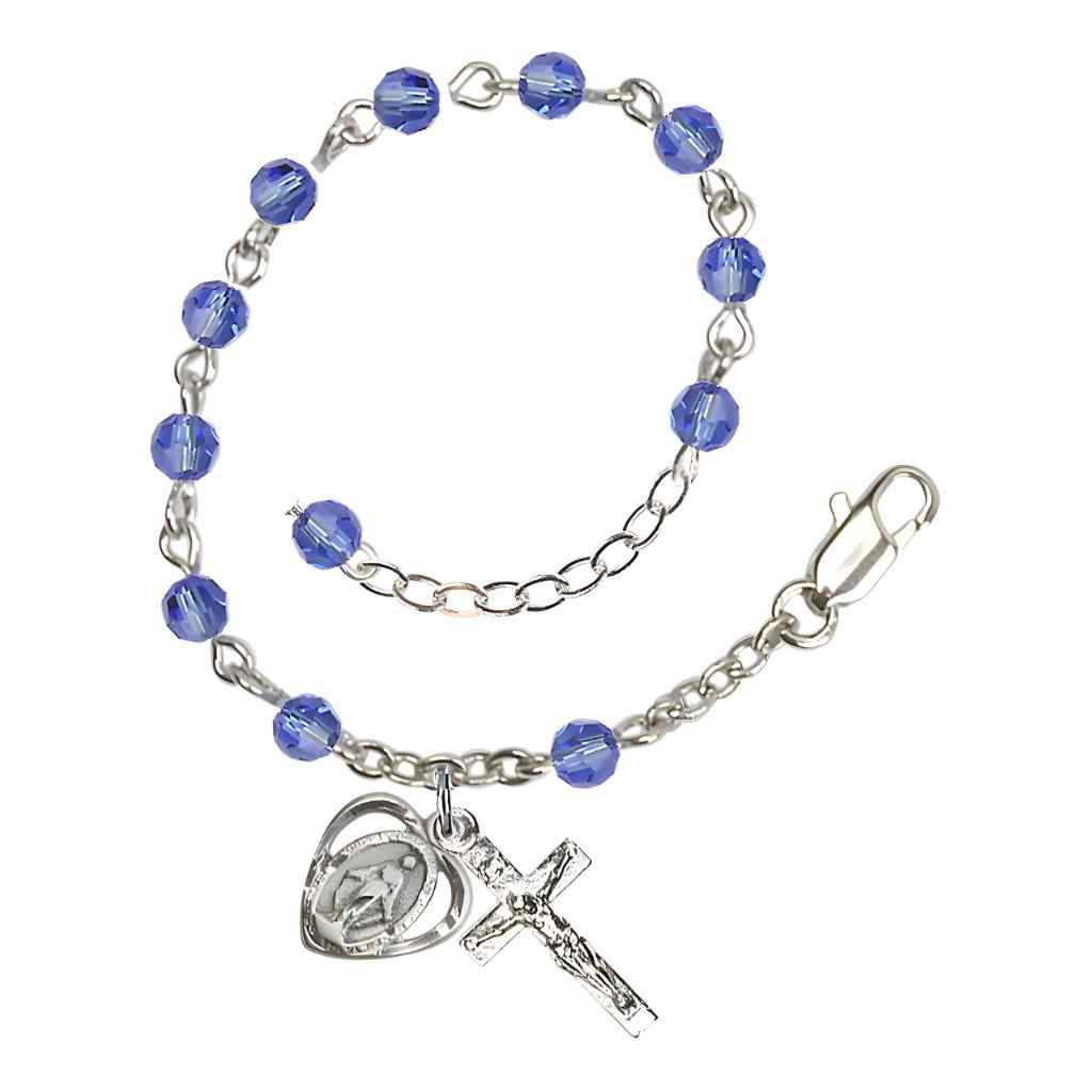 Bliss Rosary Bracelet with Silver-plated Crucifix and Heart Miraculous Medal, Birthstone 4mm Austrian Crystal Sapphire Beads for September