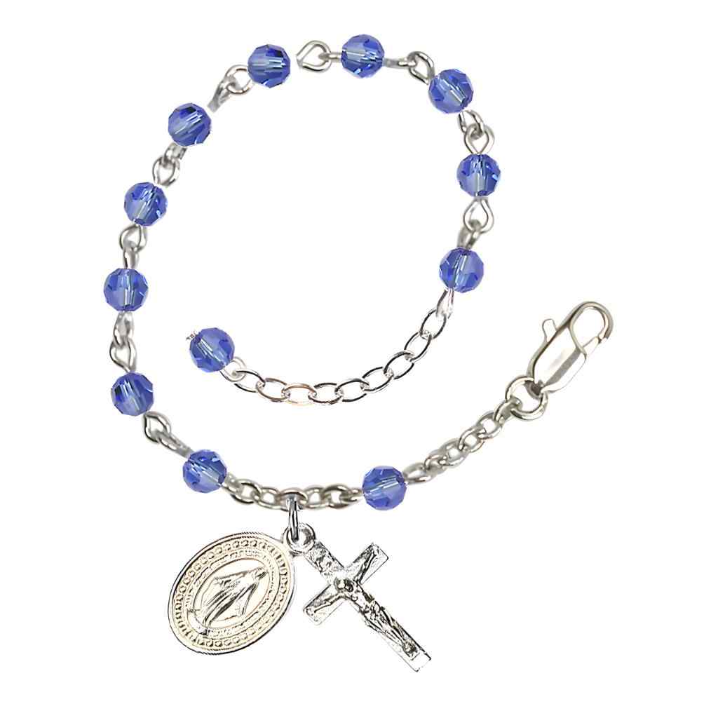 Bliss Rosary Bracelet with Silver-plated Crucifix and Miraculous Medal, Birthstone 4mm Austrian Crystal Sapphire Beads for September