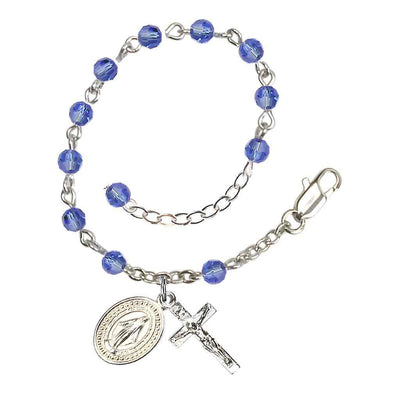 Bliss Rosary Bracelet with Silver-plated Crucifix and Miraculous Medal, Birthstone 4mm Austrian Crystal Sapphire Beads for September