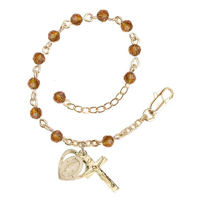 Bliss Rosary Bracelet with Gold-plated Crucifix and Heart Miraculous Medal, Birthstone 4mm Austrian Crystal Topaz Beads for November
