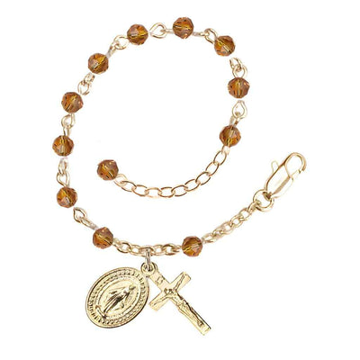Bliss Rosary Bracelet with Gold-plated Crucifix and Miraculous Medal, Birthstone 4mm Austrian Crystal Topaz Beads for November