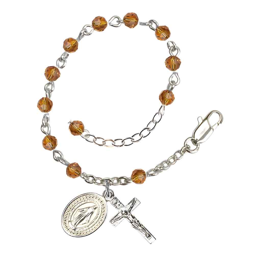 Bliss Rosary Bracelet with Silver-plated Crucifix and Miraculous Medal, Birthstone 4mm Austrian Crystal Topaz Beads for November