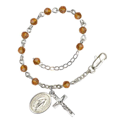 Bliss Rosary Bracelet with Silver-plated Crucifix and Miraculous Medal, Birthstone 4mm Austrian Crystal Topaz Beads for November