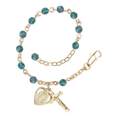 Bliss Rosary Bracelet with Gold-plated Crucifix and Heart Miraculous Medal, Birthstone 4mm Austrian Crystal Zircon Beads for December