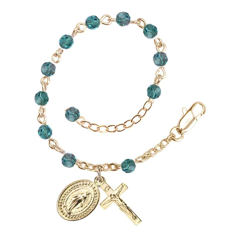 Bliss Rosary Bracelet with Gold-plated Crucifix and Miraculous Medal, Birthstone 4mm Austrian Crystal Zircon Beads for December