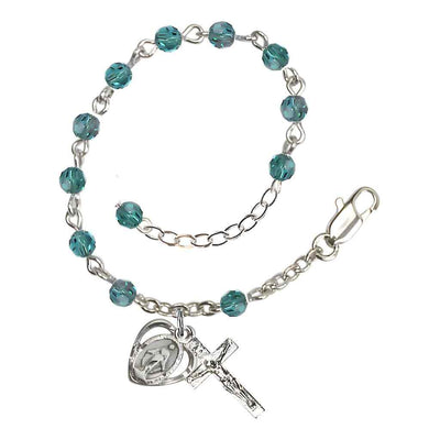 Bliss Rosary Bracelet with Silver-plated Crucifix and Heart Miraculous Medal, Birthstone 4mm Austrian Crystal Zircon Beads for December