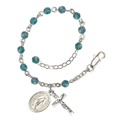 Bliss Rosary Bracelet with Silver-plated Crucifix and Miraculous Medal, Birthstone 4mm Austrian Crystal Zircon Beads for December