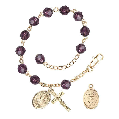 St Christopher Air Force Gold Austrian Crystal Rosary Bracelet in Amethyst, Bliss Manufacturing