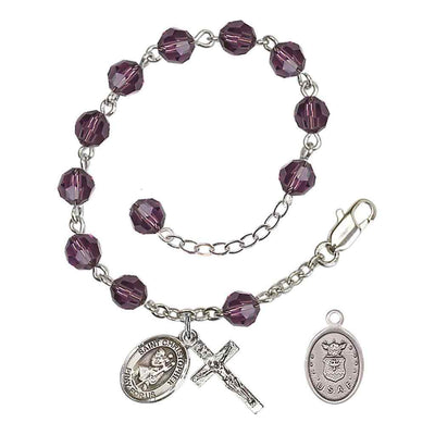 St Christopher Air Force Silver Austrian Crystal Rosary Bracelet in Amethyst, Bliss Manufacturing