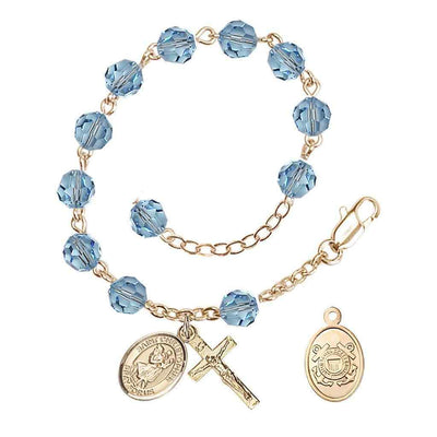 St Christopher Coast Guard Gold Austrian Crystal Rosary Bracelet in Aqua, Bliss Manufacturing