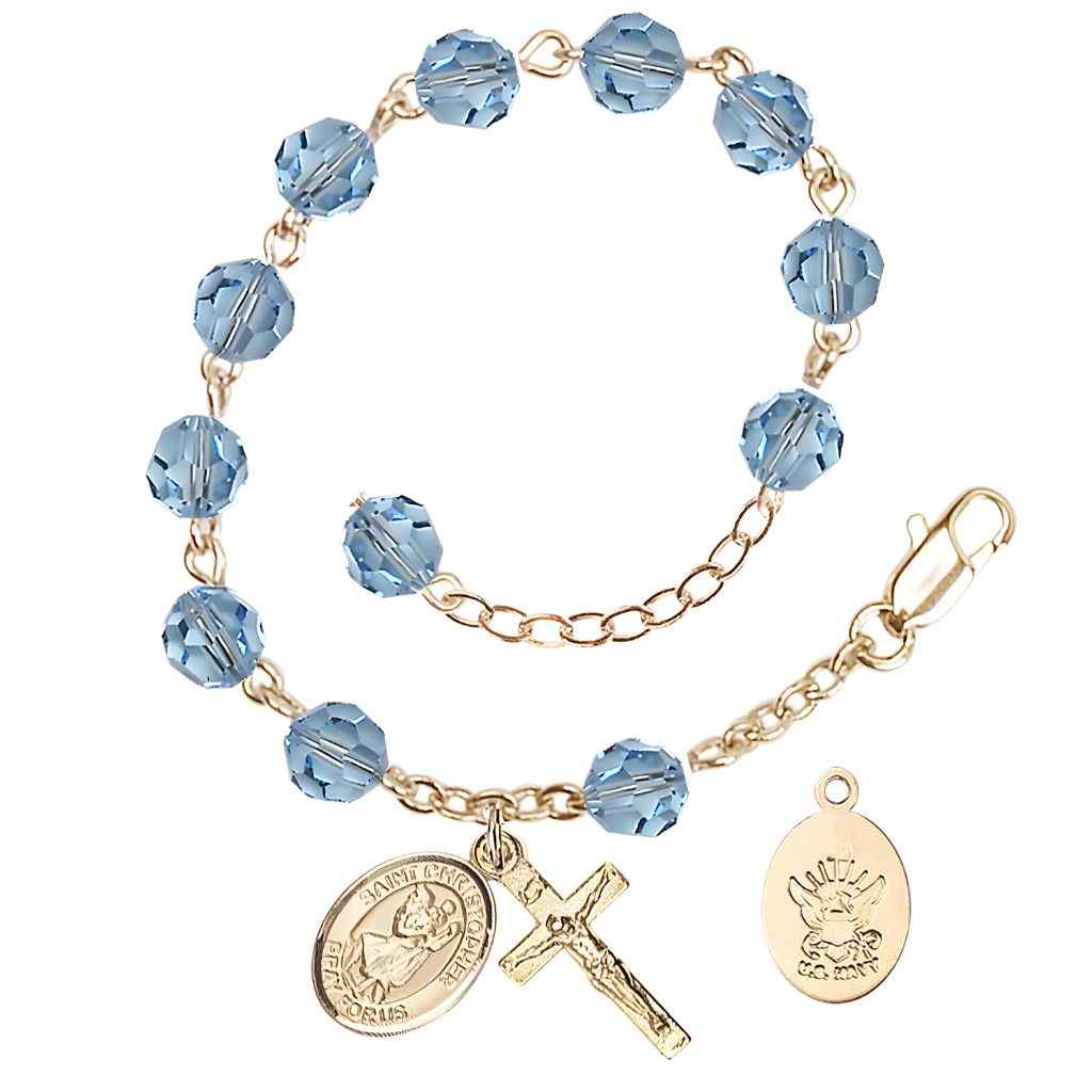 St Christopher Navy Gold Austrian Crystal Rosary Bracelet in Aqua, Bliss Manufacturing