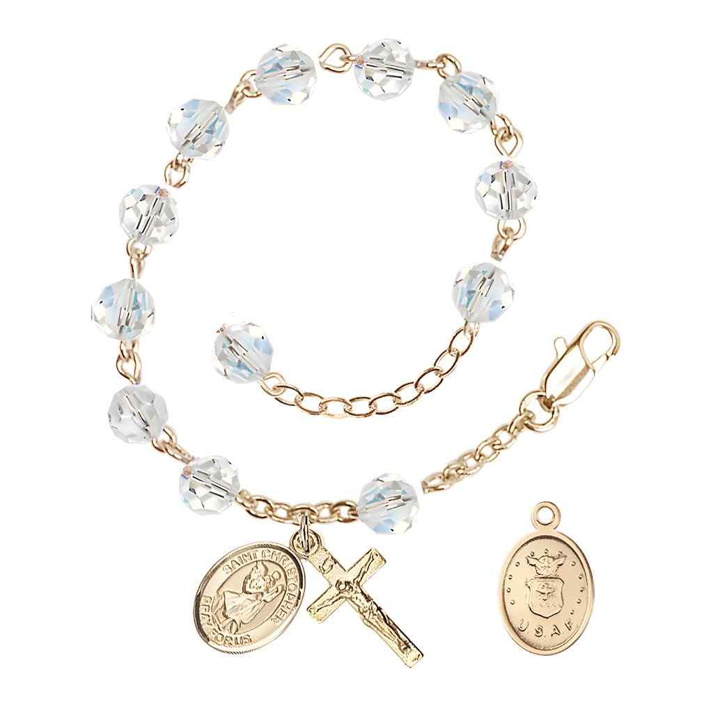 St Christopher Air Force Gold Austrian Crystal Rosary Bracelet, Bliss Manufacturing