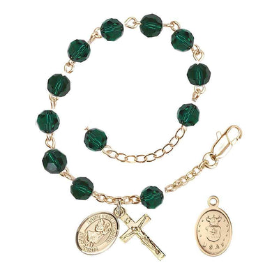 St Christopher Air Force Gold Austrian Crystal Rosary Bracelet in Emerald, Bliss Manufacturing