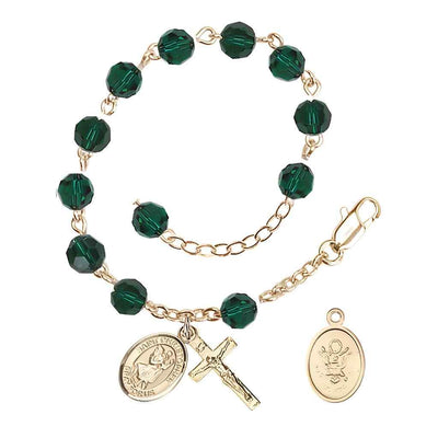 St Christopher Army Gold Austrian Crystal Rosary Bracelet in Emerald, Bliss Manufacturing