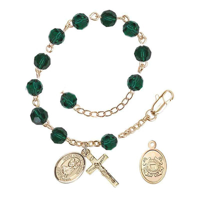 St Christopher Coast Guard Gold Austrian Crystal Rosary Bracelet in Emerald, Bliss Manufacturing