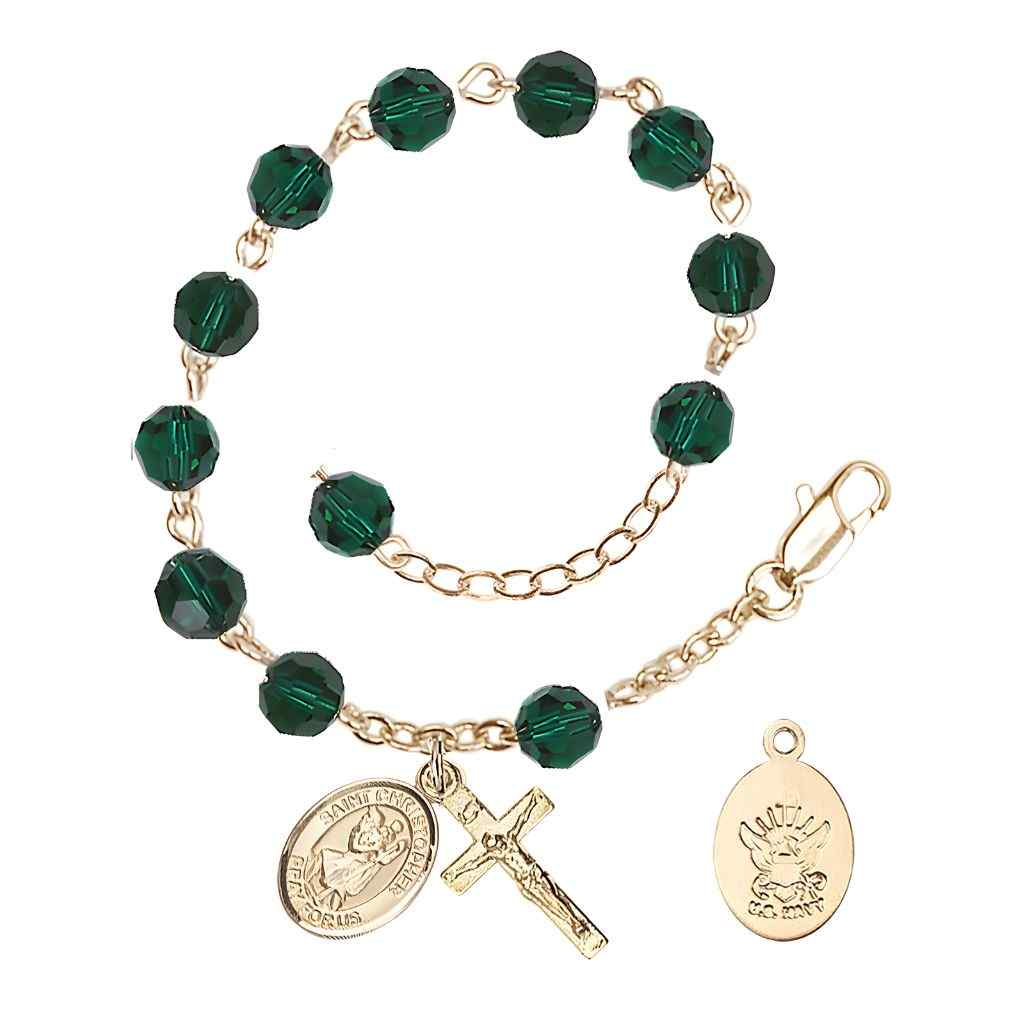 St Christopher Navy Gold Austrian Crystal Rosary Bracelet in Emerald, Bliss Manufacturing