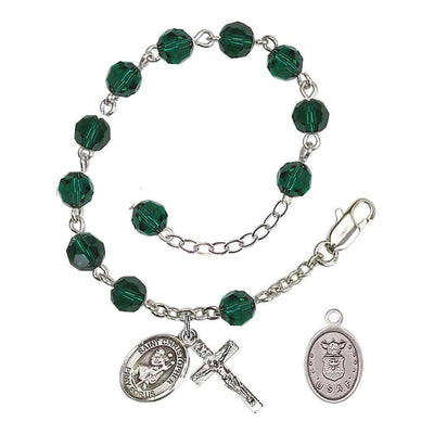 St Christopher Air Force Silver Austrian Crystal Rosary Bracelet in Emerald, Bliss Manufacturing