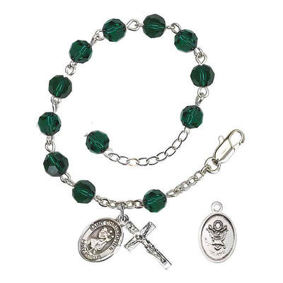 Army St. Christopher Silver Crystal Rosary Bracelet in Emerald, Bliss Manufacturing