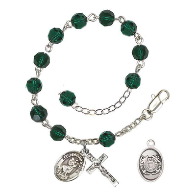 St Christopher Coast Guard Silver Austrian Crystal Rosary Bracelet in Emerald, Bliss Manufacturing