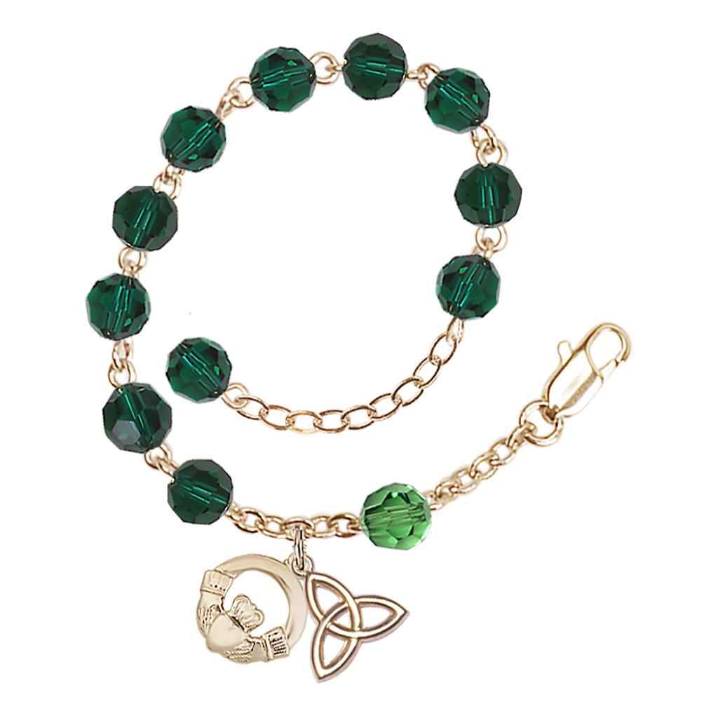 Handmade Irish Claddagh and Holy Trinity Knot Gold Plate Rosary Bracelet with 6mm Round Austrian Crystal Emerald Beads and Erinite Our Father Beads