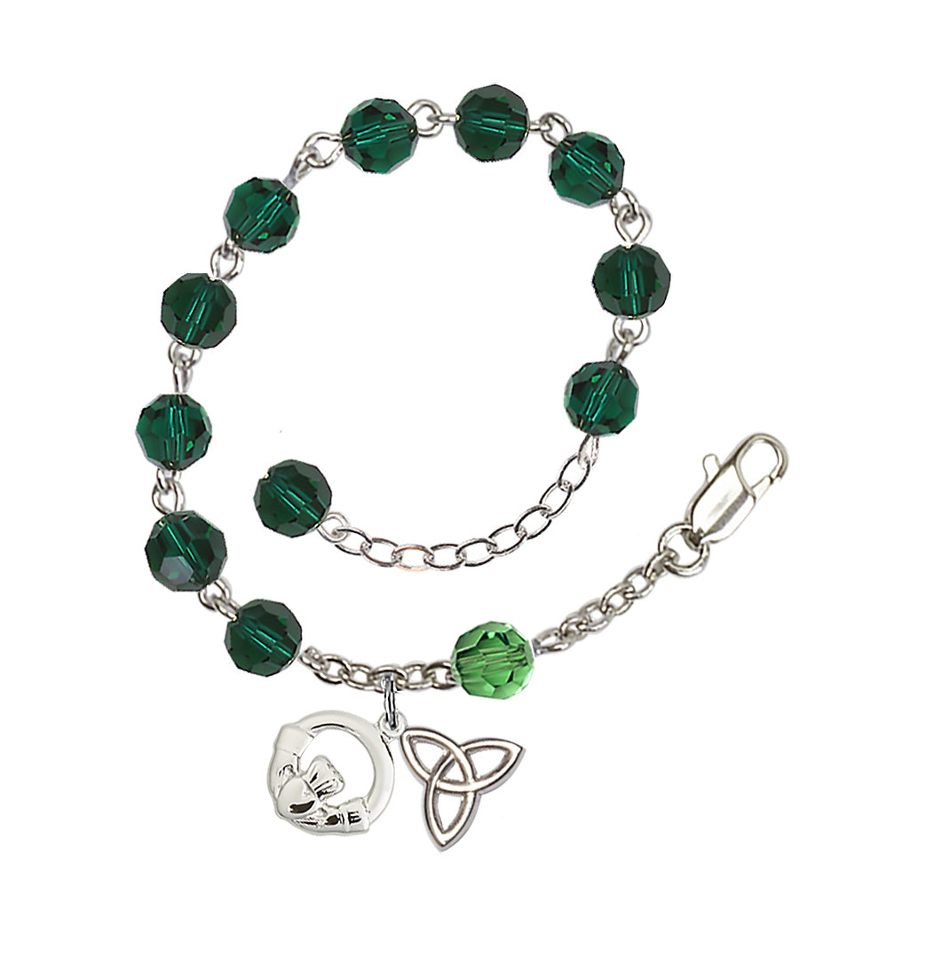 Bliss Irish Claddagh and Trinity Knot Silver-Plated Emerald Crystal Bracelet,