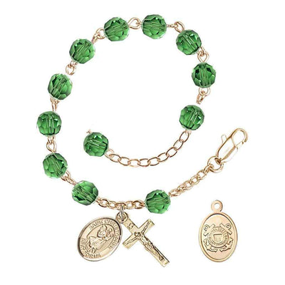St Christopher Coast Guard Gold Austrian Crystal Rosary Bracelet in Erinite, Bliss Manufacturing