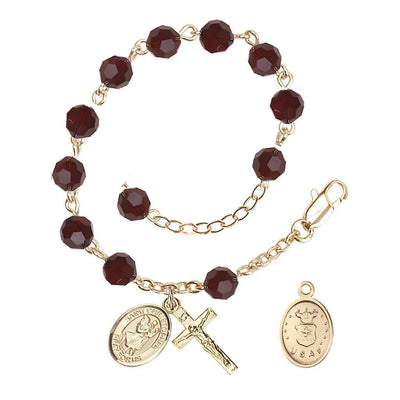 St Christopher Air Force Gold Austrian Crystal Rosary Bracelet in Garnet, Bliss Manufacturing