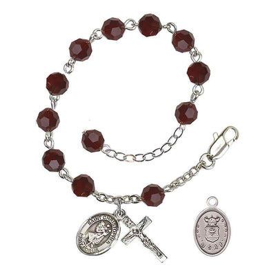 St Christopher Air Force Silver Austrian Crystal Rosary Bracelet in Garnet, Bliss Manufacturing