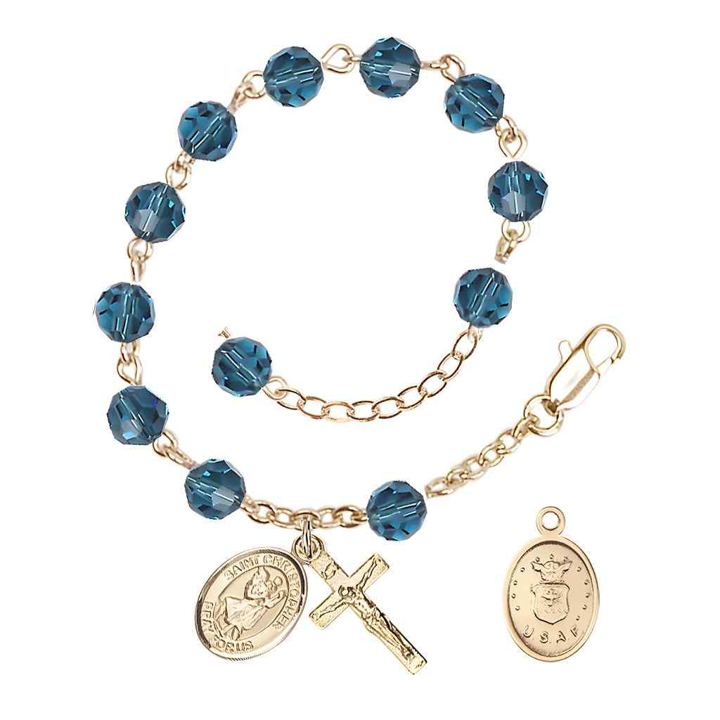 St Christopher Air Force Gold Austrian Crystal Rosary Bracelet in Indocolite, Bliss Manufacturing