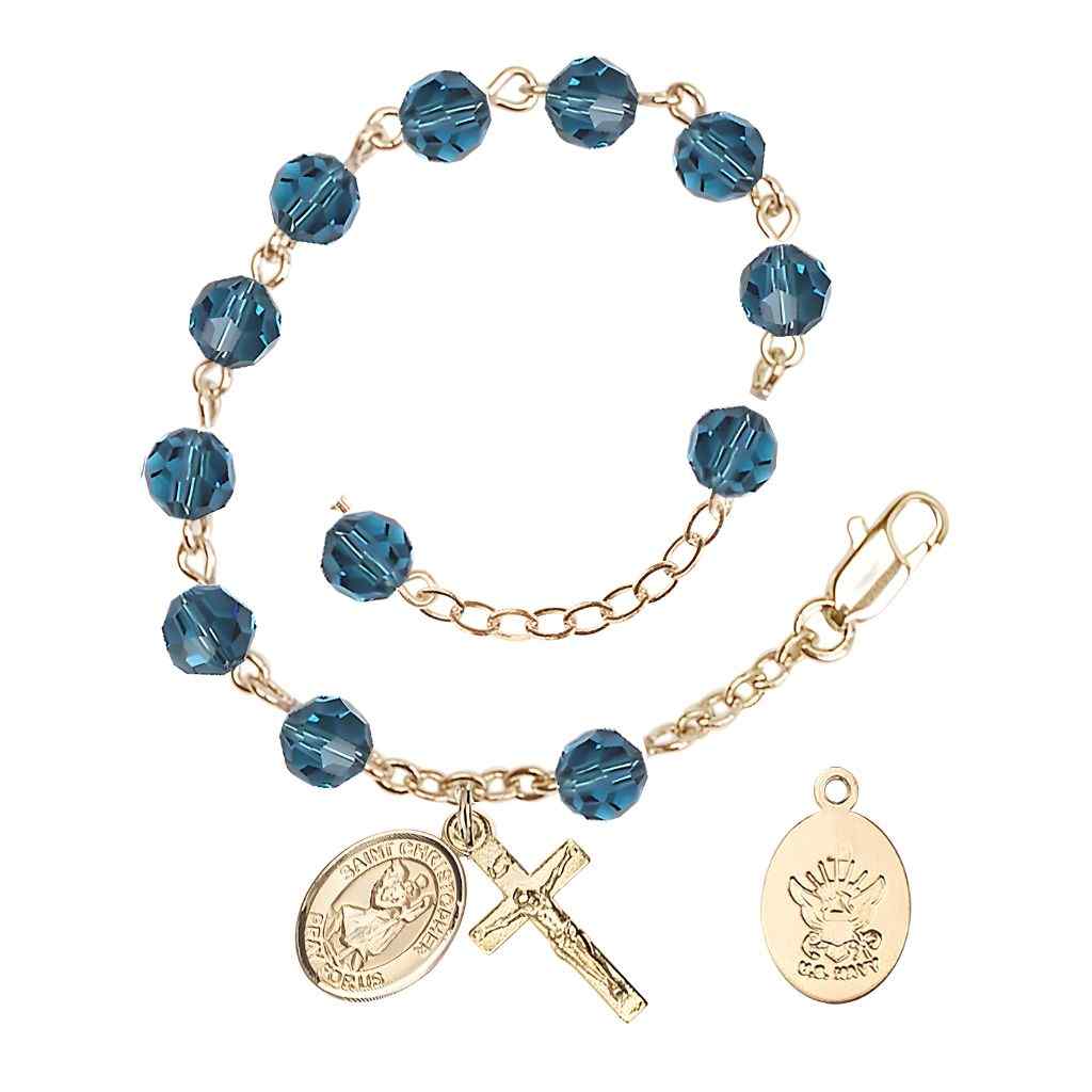 St Christopher Navy Gold Austrian Crystal Rosary Bracelet in Indocolite, Bliss Manufacturing