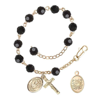 St Christopher Coast Guard Gold Austrian Crystal Rosary Bracelet in Jet, Bliss Manufacturing