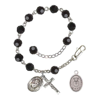 St Christopher Air Force Silver Austrian Crystal Rosary Bracelet in Jet, Bliss Manufacturing