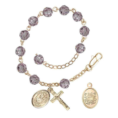 St Christopher Coast Guard Gold Austrian Crystal Rosary Bracelet in Light Amethyst, Bliss Manufacturing