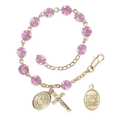 St Christopher Coast Guard Gold Austrian Crystal Rosary Bracelet in Light Rose, Bliss Manufacturing