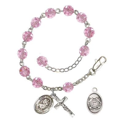 St Christopher Coast Guard Silver Austrian Crystal Rosary Bracelet in Light Rose, Bliss Manufacturing