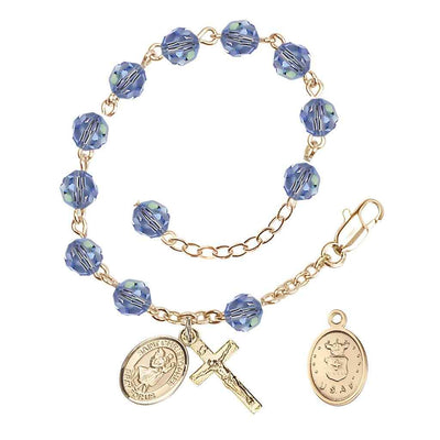 St Christopher Air Force Gold Austrian Crystal Rosary Bracelet in Light Sapphire, Bliss Manufacturing