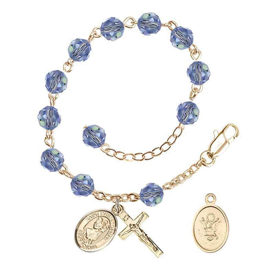 St Christopher Army Gold Austrian Crystal Rosary Bracelet in Light Sapphire, Bliss Manufacturing