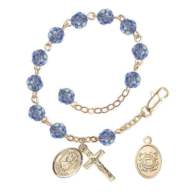 St Christopher Coast Guard Gold Austrian Crystal Rosary Bracelet in Light Sapphire, Bliss Manufacturing