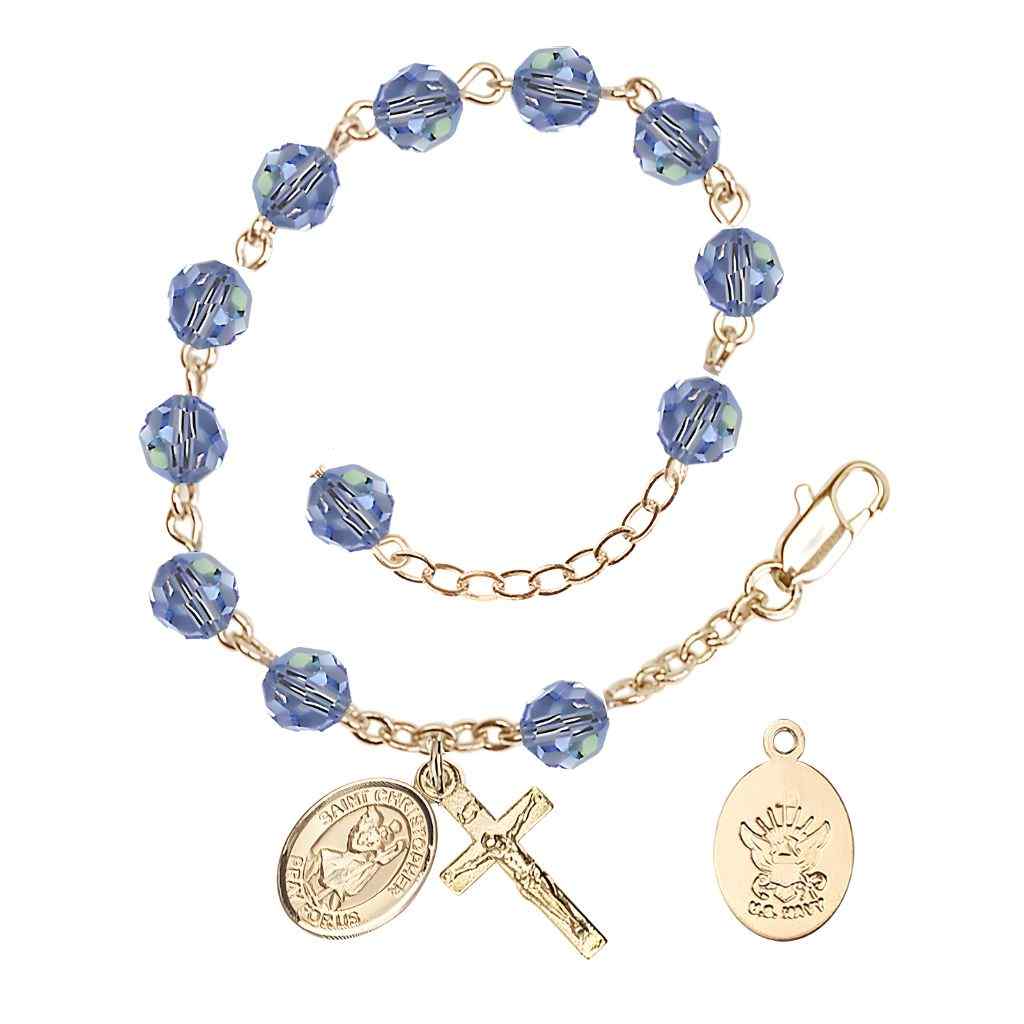 St Christopher Navy Gold Austrian Crystal Rosary Bracelet in Light Sapphire, Bliss Manufacturing