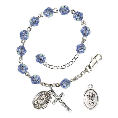 Army St. Christopher Silver Crystal Rosary Bracelet in Light Sapphire, Bliss Manufacturing