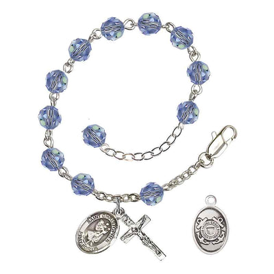 St Christopher Coast Guard Silver Austrian Crystal Rosary Bracelet in Light Sapphire, Bliss Manufacturing
