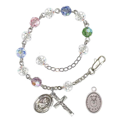 St Christopher Air Force Silver Austrian Crystal Rosary Bracelet in Multi-Color, Bliss Manufacturing